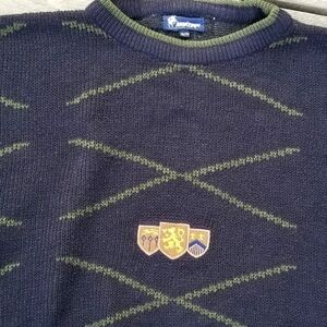 90s Sweater Mens XL Blue Crest Preppy Crewneck Cosby Geometric Boxy Academia